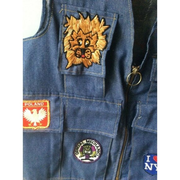 Men's Denim Vest Jean travel patches Disney NASA Railroad Larry Pockets - Picture 3 of 8